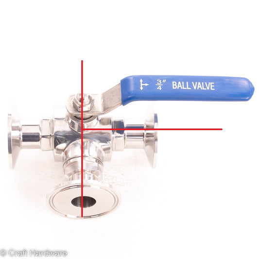 Kugelhahn 3-Wege T-Bohrung Tri-Clamp 1,5" x 3/4"